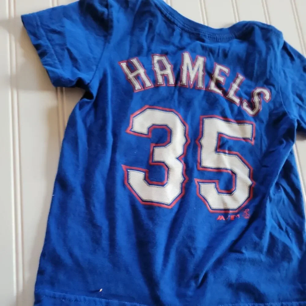 Texas Rangers Shirt Boys 4 Blue Red Crew Neck Short Sleeve Hamels 35 Comfort Top